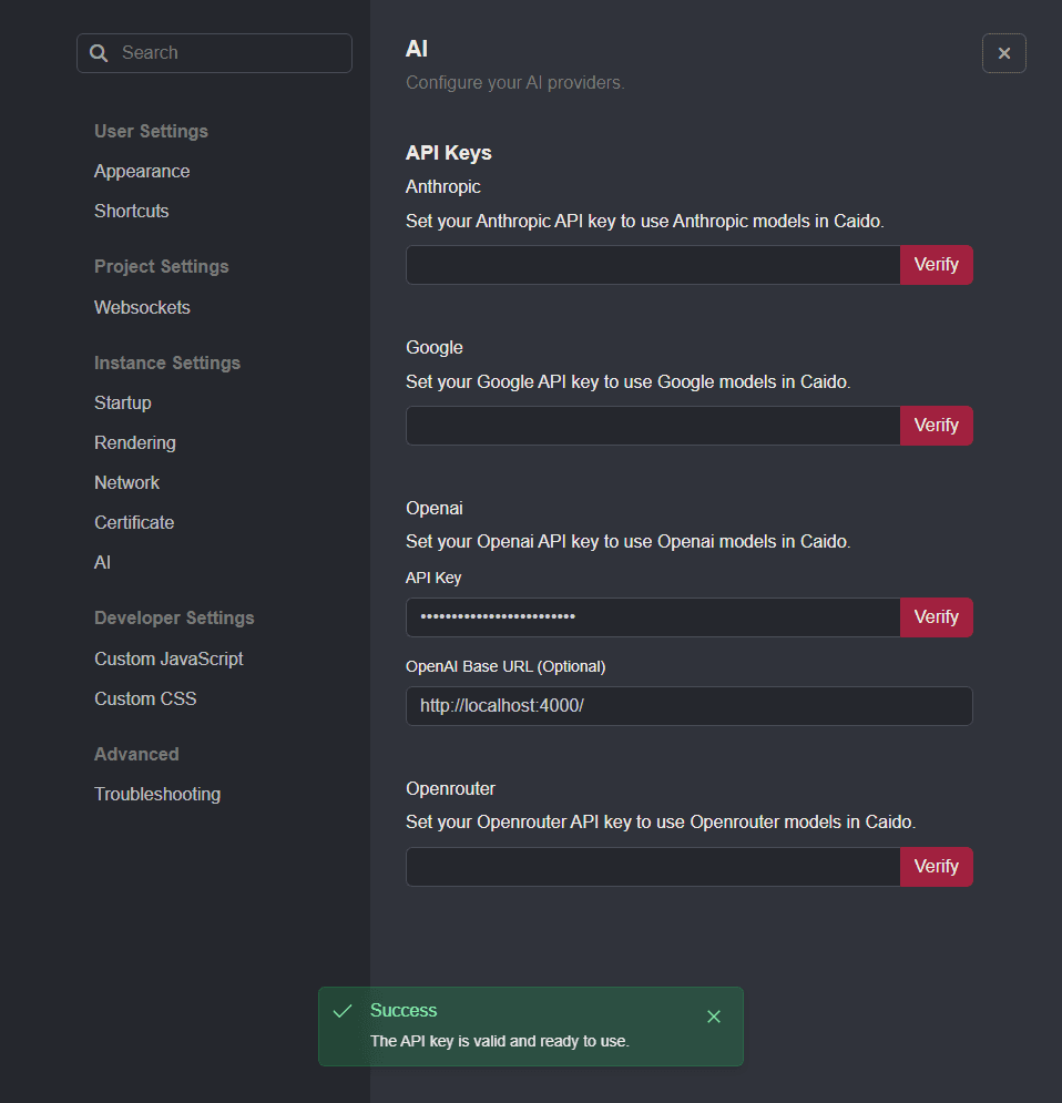 Caido AI settings.